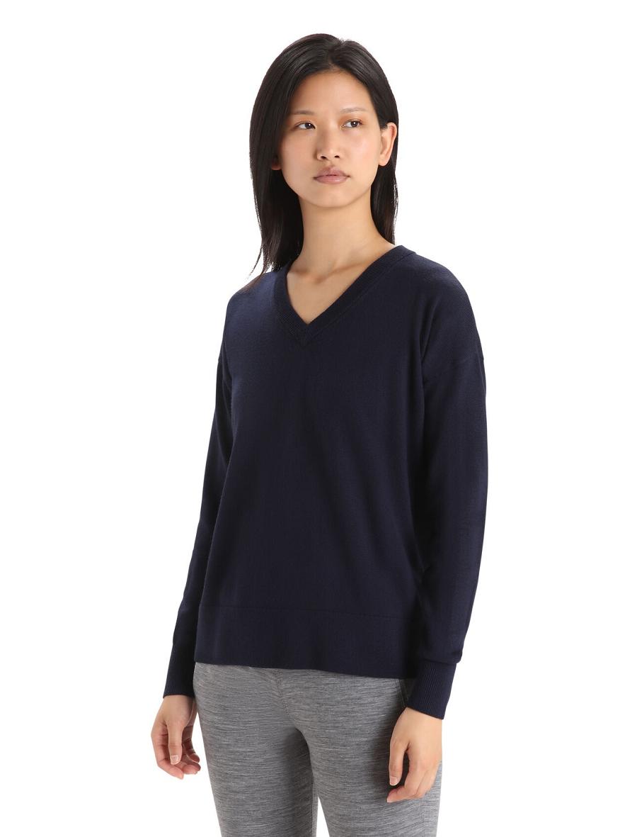 Chandails Icebreaker Merino Shearer V Neck Femme Bleu Marine | FR 1629NWYB